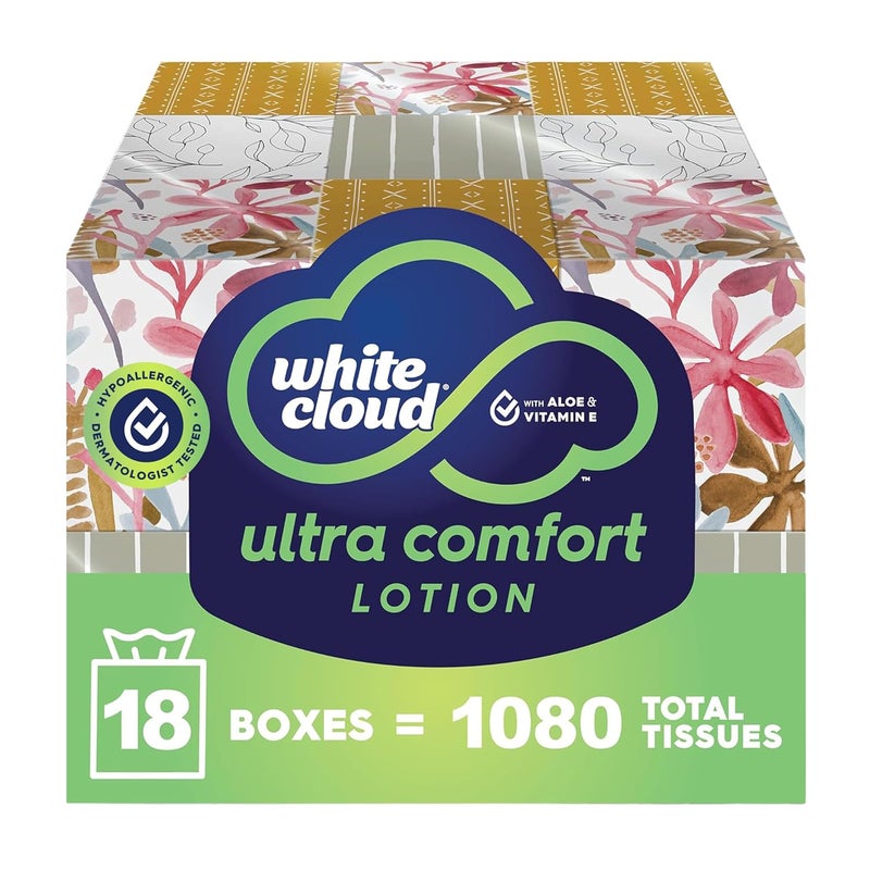 White Cloud Ultra Comfort Lotion 3-Ply Facial Tissue with Aloe & Vitamin E, 18 Box Multipack, 60 Tissues Per Box - Image 1